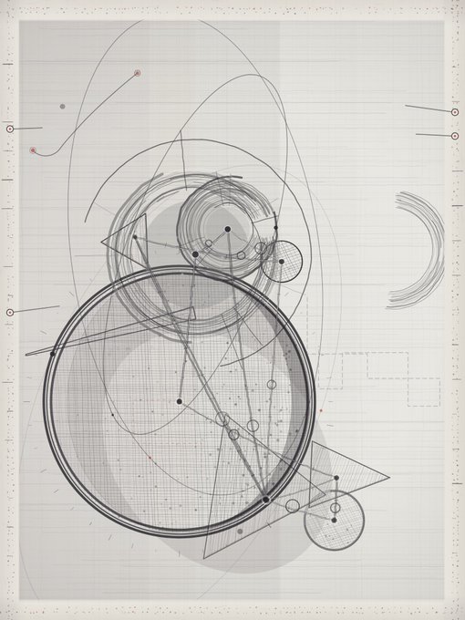 An abstract technical sketch or blueprint showing geometric circles, lines, and grids on graph paper-like background.