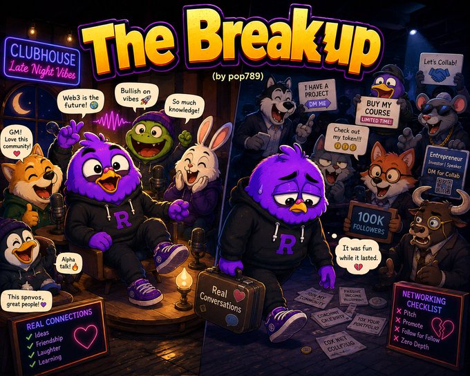 An illustrated comic-style graphic titled 'The Breakup (by pop789)' showing a Clubhouse Late Night Vibes scene with various animal characters representing the platform's decline.