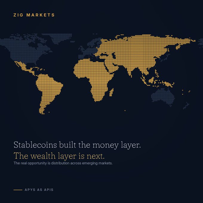 The image features a stylized world map with gold and dark blue dot-matrix coloring under the heading "ZIG MARKETS," with the tagline "Stablecoins built the money layer. The wealth layer is next. The real opportunity is distribution across emerging markets." and the label "APYS AS APIS" — visually reinforcing the post's argument that the next phase of digital-asset finance hinges on expanding tokenized wealth distribution into emerging markets, particularly highlighted by Securitize's NYSE listing as $SECZ.