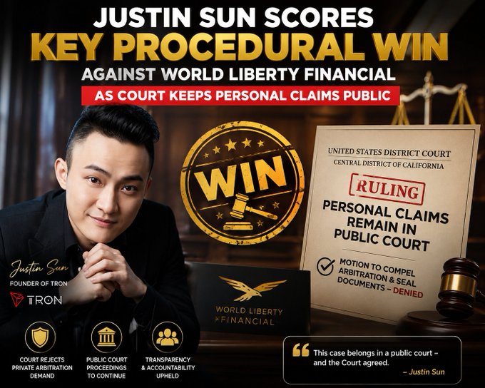 A promotional graphic announcing 'JUSTIN SUN SCORES KEY PROCEDURAL WIN AGAINST WORLD LIBERTY FINANCIAL' as the court keeps personal claims public, featuring Sun's photo with TRON and World Liberty Financial logos and a US District Court ruling document.