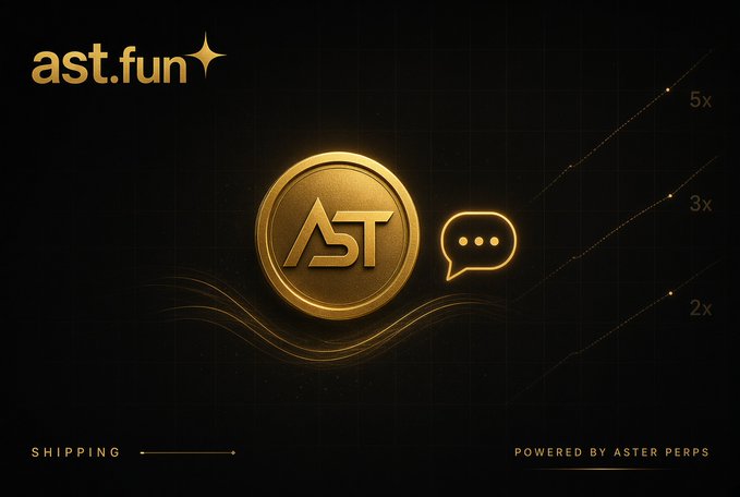 A gold "AST" coin with a chat bubble icon appears on a dark background featuring "ast.fun" branding, "SHIPPING" and "POWERED BY ASTER PERPS" text, along with 2x, 3x, and 5x leverage indicators—visually reinforcing the post's message about AST's ongoing shipping efforts, including their new multilingual support feature.