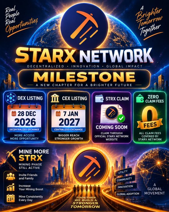 This image is a promotional graphic for StarX Network (STRX) announcing key listing milestones, including DEX listing on December 28, 2026, and CEX listing on January 7, 2027, along with STRX claim features and zero claim fees. The accompanying post highlights these STRX listing and claim opportunities with a referral link to join the platform.