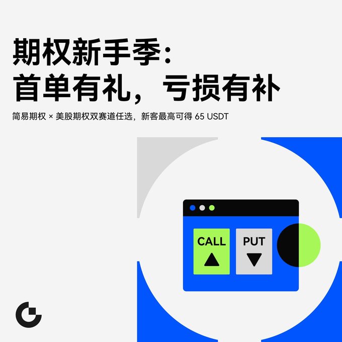A Chinese promotional advertisement with the heading '期权新手季：首单有礼，亏损有补' (Options Newbie Season: First Order Gift, Loss Compensation) and subtext '简易期权×美股期权双赛道任选，新客最高可得 65 USDT', featuring CALL and PUT trading buttons.