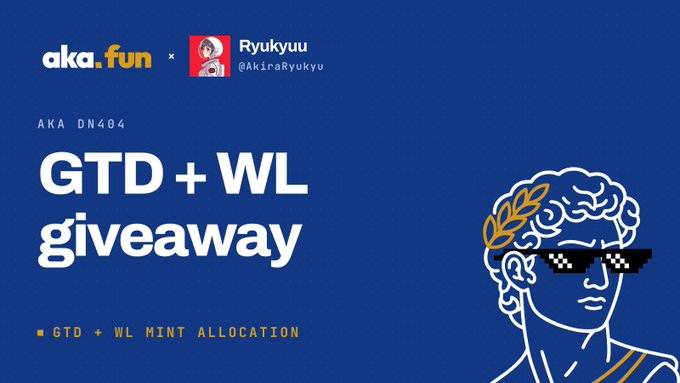 Blue promotional banner for an "aka.fun x Ryukyuu" GTD + WL mint allocation giveaway featuring a stylized line-art portrait of a figure wearing pixelated sunglasses.