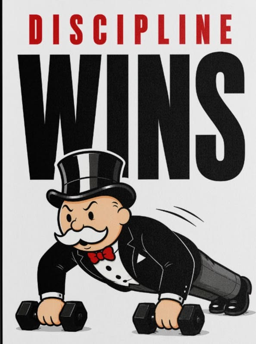 The image features a Monopoly Man-style character in a tuxedo and top hat doing push-ups with dumbbells, beneath bold text reading "DISCIPLINE WINS." This relates to the post by satirizing crypto promoters who urge followers to "have diamond hands" and "do your own research," mocking their so-called discipline as merely performative fitness while they rotate investors into freshly minted worthless tokens.