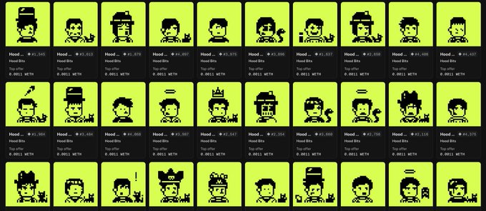A grid display of pixel-art 'Hood Birds' NFT collection listings, each priced at 0.0011 ETH with various trait combinations and low top offers.