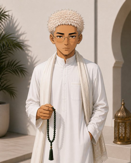 A serene anime-style illustration depicts a young man with platinum-blonde spiky hair, glasses, and traditional white Islamic attire, holding prayer beads with a decorative lantern and palm plant in the background. The image complements the post's "Happy Friday" greeting with its peaceful, contemplative religious aesthetic, offering a calm visual to start the weekend.
