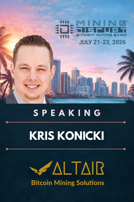 A promotional graphic for the Mining Disrupt Bitcoin Mining Expo (July 21-23, 2026) announcing speaker Kris Konicki from Alta Bitcoin Mining Solutions, set against a Miami cityscape at sunset.
