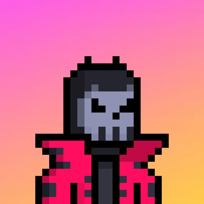 A pixel art rendering of a skeleton character wearing a red jacket against a gradient pink and orange sunset background.
