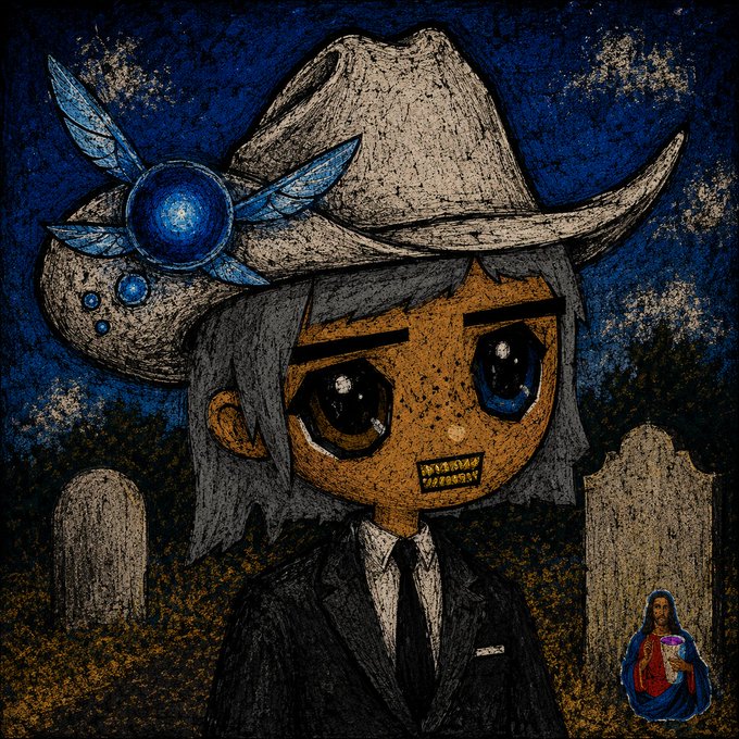 A dark, stylized digital illustration of a chibi character wearing a wide-brimmed hat with blue wing ornaments and a black suit, standing in a graveyard with a small religious icon in the corner.