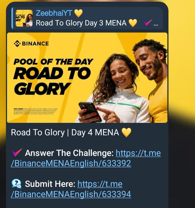 The image shows a social media post with a yellow background featuring an advertisement for a road trip challenge called "Road To Glory" that takes place on Day 4 of MENA (Middle East and North Africa). The post includes a photo of two people, one smiling and the other looking at their phone. There are also text elements in the image such as "pool of the day", "road to glory", "Day 4 MENA", and "answer the challenge: www.binance.com/challenge".