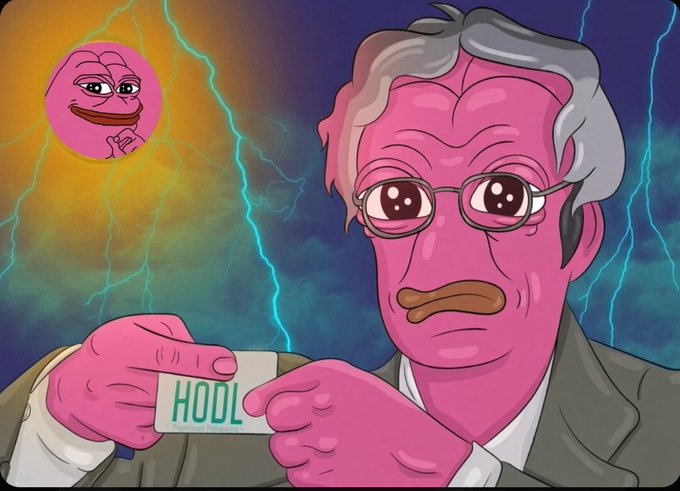 An illustration parodying the 'Sad Pablo Escobar' meme, featuring a pink-faced man with glasses holding a 'HODL' card, with the original sun meme visible in the upper left against a stormy background.