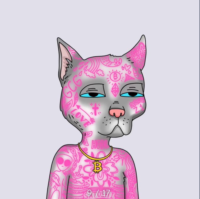 A cartoon-style gray cat character with pink tattoo-like designs including 'GG', hearts, and Bitcoin symbols, wearing a gold chain with a Bitcoin 'B' pendant, with '97617' visible on its body.