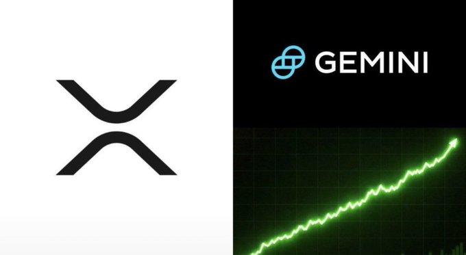 A split image shows the XRP logo on a white background on the left, and the Gemini logo with a green upward-trending stock chart on a black background on the right.