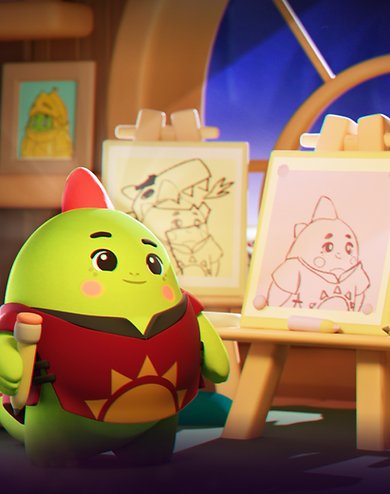 urn of gold and blue sits on a wooden shelf, with a cartoon character drawing on the wall behind it.