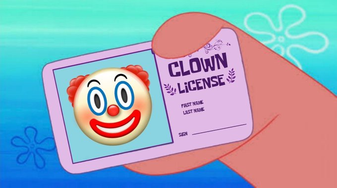 A SpongeBob SquarePants-themed image showing a pink 'CLOWN LICENSE' ID card with a clown face, 'FIRST NAME' and 'LAST NAME' fields, and a 'SIGN' line, held by a hand against a cartoon underwater background.