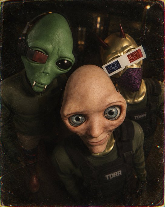 A stylized, vintage-looking portrait of three alien characters, with the central one wearing a tactical vest labeled "TORR".