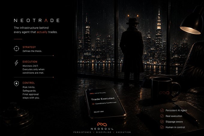 A promotional graphic for 'NEOTRADE' featuring a silhouetted figure in a hat overlooking a nighttime cityscape, with sections detailing 'STRATEGY', 'EXECUTION', and 'CONTROL', alongside a smartphone displaying 'Trade Executed Conditions Confirmed 02:47 AM'.