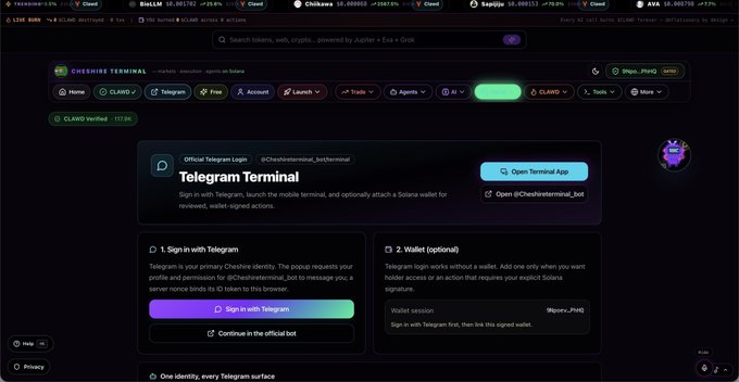A screenshot of the Cheshire Terminal website displaying a Telegram login interface with options to sign in with Telegram or continue via the official bot.