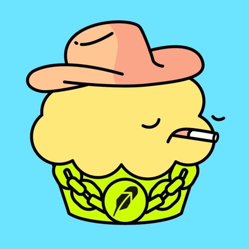 A cartoon illustration of a yellow cupcake character wearing a pink baseball cap and a gold chain, smoking a cigarette with a relaxed expression.