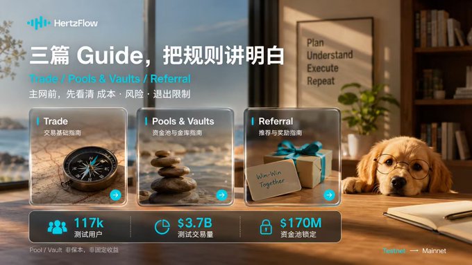 A promotional graphic for HertzFlow featuring three guides titled 'Trade / 交易基础指南', 'Pools & Vaults / 资金池与金库指南', and 'Referral / 推荐与奖励指南', with stats showing 117k users, $3.7B test trading volume, and $170M in locked funds.