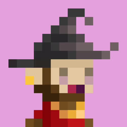 A pixel art rendering of a character with a large pointed hat, pale face, and red cape against a pink background.