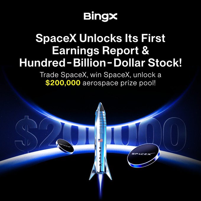 A BingX promotional graphic announcing 'SpaceX Unlocks Its First Earnings Report & Hundred-Billion-Dollar Stock!' with a $200,000 aerospace prize pool, featuring a SpaceX rocket illustration.
