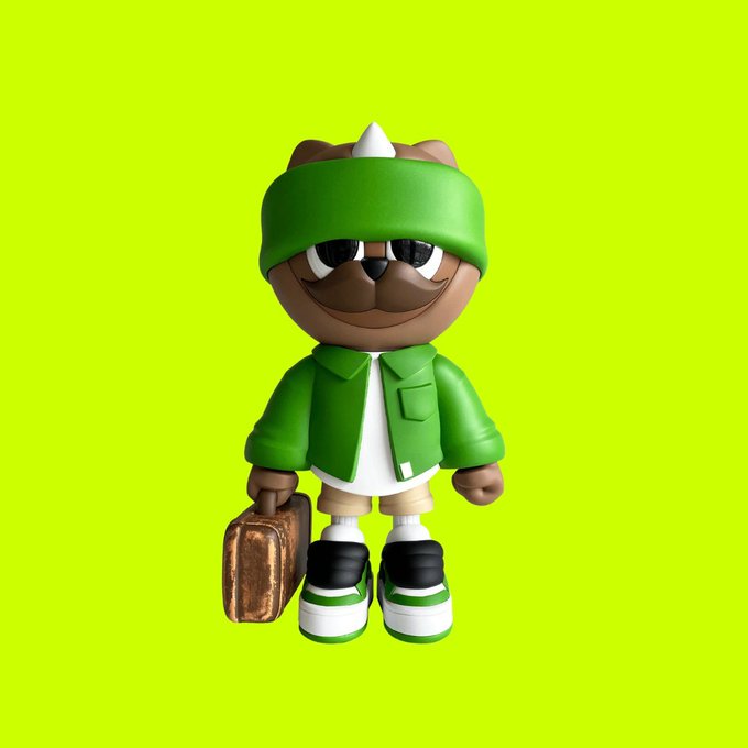 A 3D-rendered cartoon bear character with a green headband, green jacket, and spiked hair holds a brown briefcase against a bright neon green background, visually aligning with the "NEONWARRIORS" themed giveaway post.