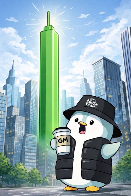 A cheerful penguin wearing a black bucket hat and puffer vest holds a coffee cup labeled "GM" while standing before a glowing green skyscraper in a city skyline, visually representing the bullish "gm" greeting and the warning that it's a "bad day to be a bear."