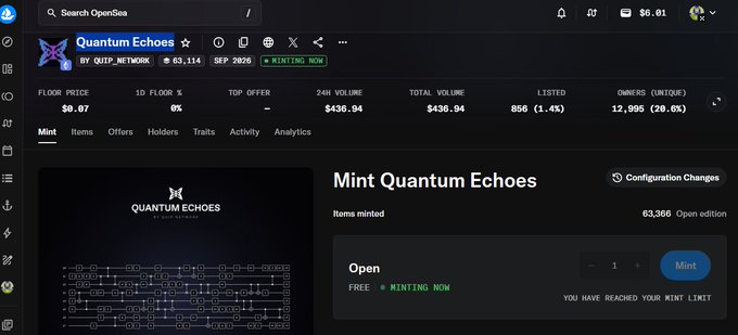 A screenshot of the OpenSea NFT marketplace page for the 'Quantum Echoes' collection by QUIP_NETWORK, showing a floor price of $0.07, 24H volume of $436.94, and an open minting option.