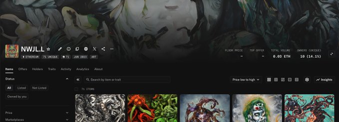 Screenshot of the NWJLL NFT collection on OpenSea, showing 71 items with a floor price of 0.03 ETH, 10 owners (14.1%), and a thumbnail grid of dark, illustrated artwork pieces. The dashboard view reflects the creator's early AI art experiment, with the collection's analytics and "Owned by you" status visible.