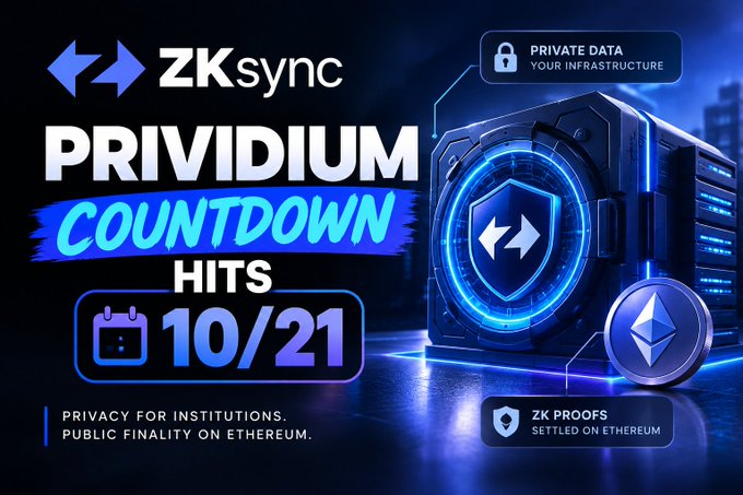 A promotional banner for 'ZKsync Prividium Countdown Hits 10/21' highlighting 'PRIVATE DATA YOUR INFRASTRUCTURE' and 'ZK PROOFS SETTLED ON ETHEREUM' alongside a futuristic server graphic.