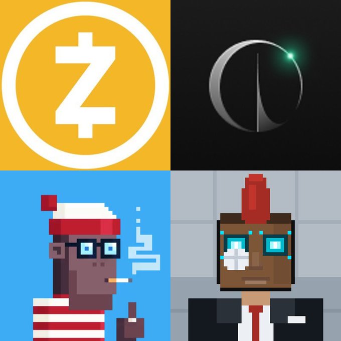 A four-panel collage featuring the Zcash logo, a planet illustration, and two pixel-art avatars including one smoking a cigarette with glasses and a Santa hat.