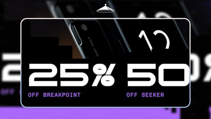A black promotional banner advertising a Solana deal featuring "25% OFF BREAKPOINT" and "50% OFF SEEKER" in large white text, with a partial view of a Seeker device displayed above the discount offers. The image serves as a visual companion to the post's call-to-action, encouraging viewers to use promo code BP26-SEEKER25 within the limited 24-48 hour window.
