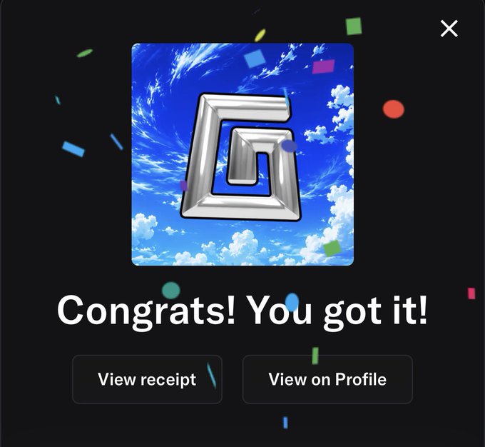 A digital achievement notification displaying a silver geometric logo against a blue sky with clouds, accompanied by the text 'Congrats! You got it!' and buttons for 'View receipt' and 'View on Profile', with colorful confetti scattered around.