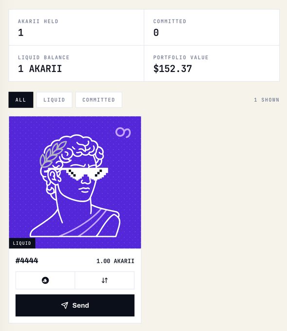 The image shows a digital wallet portfolio displaying 1 AKARII NFT (#44444) with a liquid balance and $152.37 portfolio value, featuring a Send NFT button that allows users to transfer the NFT while keeping its art. This aligns with the post about adding the "Send NFT" feature to portfolios, enabling users to move their AKARII NFTs to new wallets without losing the accompanying artwork.