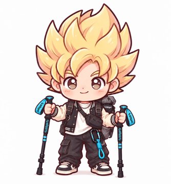 A chibi-style cartoon character with spiky blonde hair, dressed in mountaineering gear and holding two trekking poles, is depicted as Goku from Dragon Ball. The image humorously reimagines Goku as an adventurer, reflecting the caption's playful suggestion to swap him out for Gohan on the next trip to Tibet.
