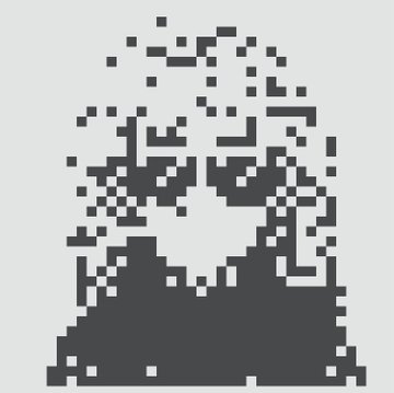 A pixel art rendering of a hooded figure with a menacing appearance, composed of dark blocks against a light background.