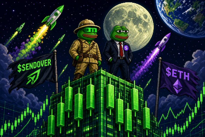A digital illustration features two Pepe the Frog characters—one dressed as an explorer and the other in a business suit—standing atop green cryptocurrency bars between flags labeled '$SENDOVER' and '$ETH', with rockets, the moon, and Earth in the background.