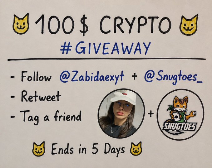 A hand-drawn crypto giveaway graphic featuring a woman in a white cap, the Snugtoes fox logo, and yellow cat emojis, with instructions to follow @Zabidaexyt + @Snugtoes_, retweet, and tag a friend to win $100 in crypto, ending in 5 days.