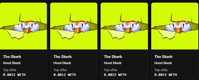 Four identical NFT listing cards for 'The Skerb' (Hood Skerb) collection, each showing a cartoon yellow creature peeking through torn paper with a top offer of 0.0012 WETH.
