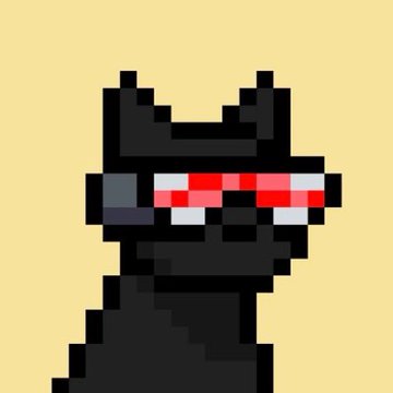 Pixel art of a black cat character wearing pixelated red sunglasses on a tan background.