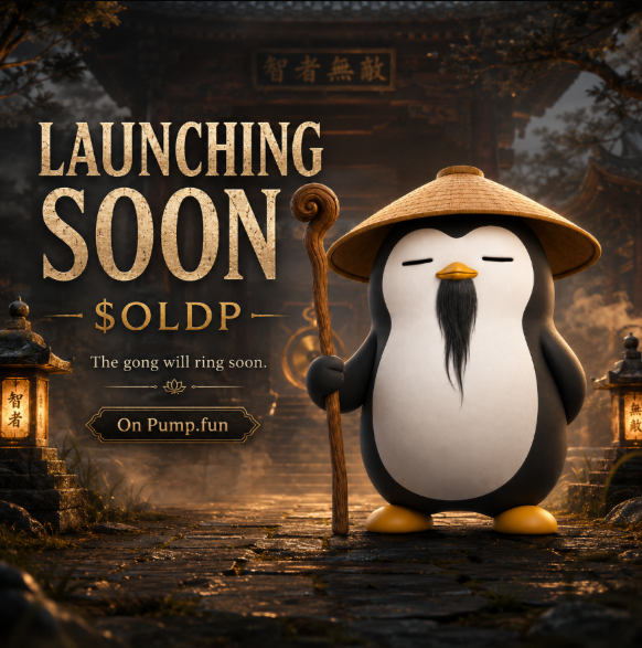 A wise penguin elder in a traditional straw hat and robe stands calmly holding a wooden staff in front of an ancient temple, with text reading "LAUNCHING SOON $OLDP - The gong will ring soon - On Pump.fun," visually bringing to life the post's message of the patient $OLDP token's imminent arrival on Pump.fun.