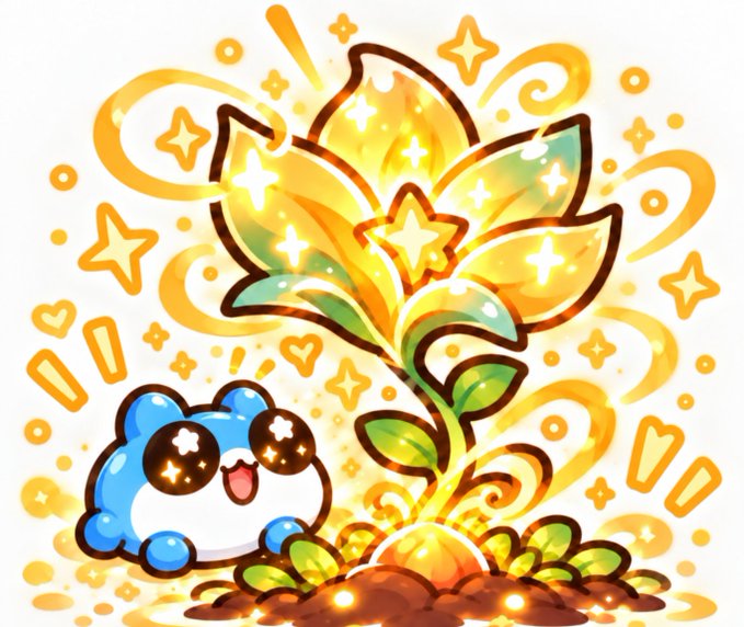 A cute cartoon illustration features a small blue and white creature with starry eyes standing next to a glowing golden flower.