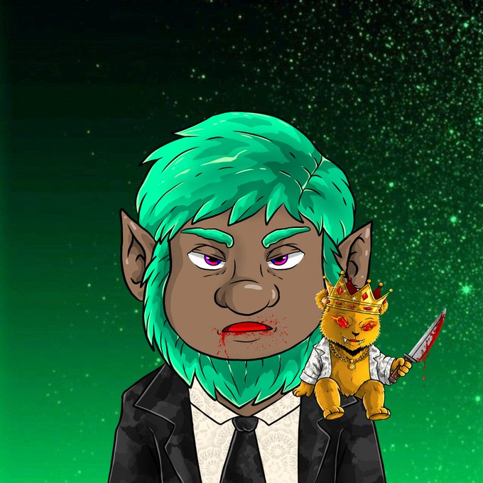 A digital illustration of a goblin-like character with green hair, blood on his mouth, and a small crowned creature with red eyes holding a bloody knife perched on his shoulder.