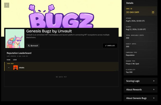 A screenshot of the 'Genesis Bugz by Unvault' campaign page, displaying a purple 'BUGZ' logo, an enrollment status, and a leaderboard with 'ritobtc' ranked #1 for Phase 1 WL Spot.