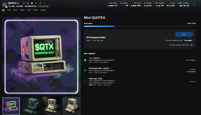 The image shows a freemint NFT collection page on OpenSea called "Mint QUOTEX" (QTEX token), featuring a retro computer illustration displaying "$QTX" and "ROBINHOOD 4663," with details showing items already minted out of 4,444 and a "RH Snapshot Hodler" requirement for minting. This aligns with the post about the user's brother sending them this free mint opportunity, highlighting the Robinhood-themed NFT project they're casually minting for fun.