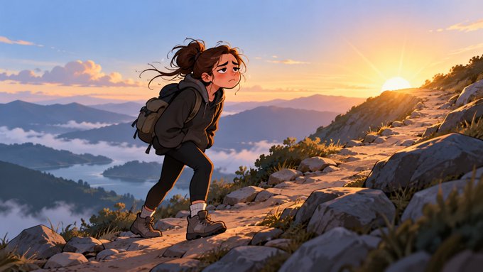 An animated illustration of a young woman with a backpack hiking up a rocky mountain trail at sunset, looking back over her shoulder with a tired but determined expression.