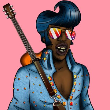 A stylized cartoon illustration depicts a flamboyant character with a blue pompadour, reflective sunglasses, and an open-mouthed grin, wearing a studded denim jacket while holding a guitar against a pink background—no visible text, numbers, or names appear in the image. The rock-star aesthetic and flashy attire play on the post's contrast between "collectors" and "suits n ties," embodying a bold, rebellious persona.