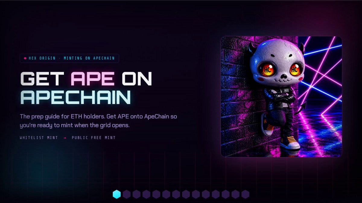 The image features a cartoon character, possibly a panda or a small animal with horns, standing against a brick wall. The text "Get APE on APECHAIN" is displayed above the character, indicating that this is an advertisement for Bitcoin mining services and cryptocurrency trading platforms. The character appears to be in a position where they are ready to start mining Bitcoins.